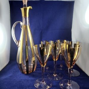 Stunning Vintage Pink glass and 24k gold Decanter and stemware MCM set